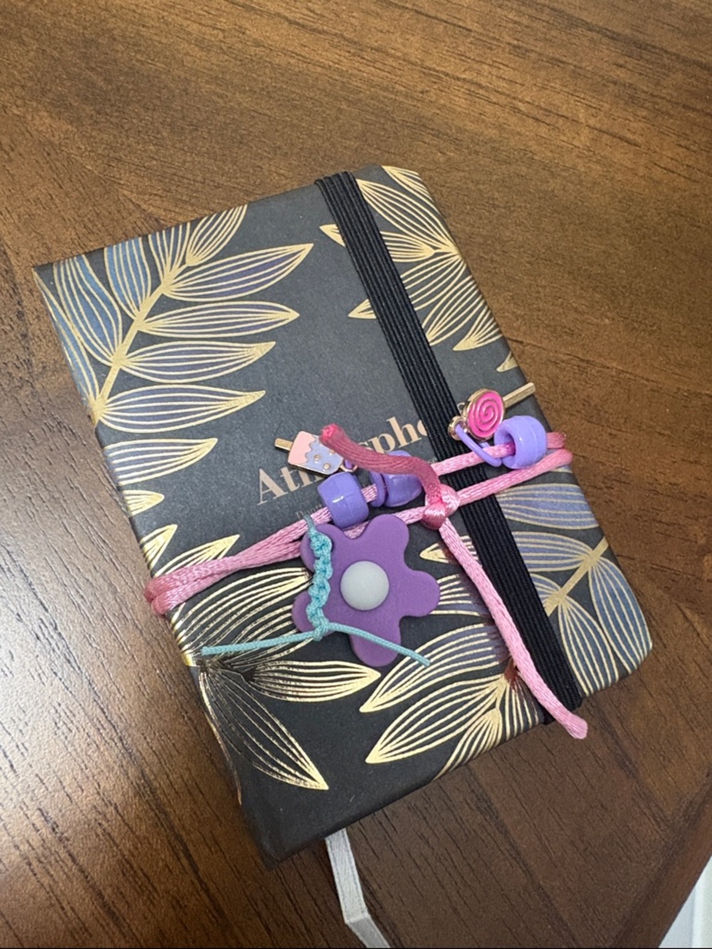 Purple Flower Charm Notebook with Pink Cord